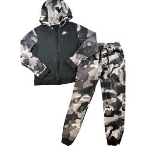 Nike Boys Camo Hoodie Jogger Set Gray Black Fleece Set XL Yo